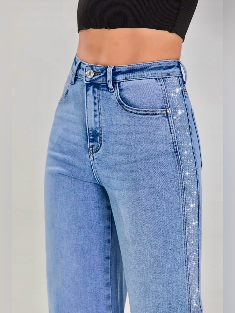 Stone Embellished Stripe Denim Jeans